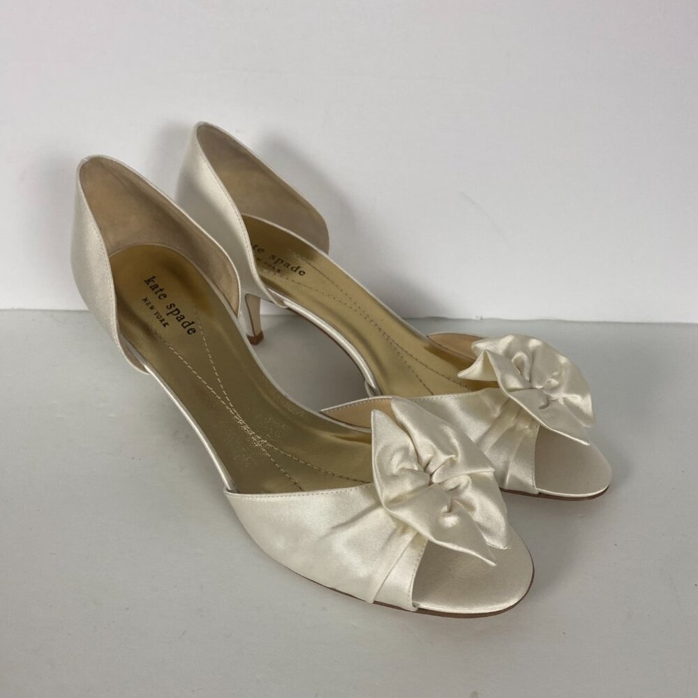 Kate Spade ivory satin peep-toe heels with bow
